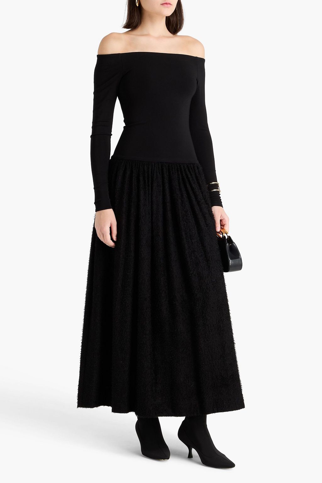 ESSE STUDIOS فستان متوسط الطول "فيرسا" من الجيرسي مكشوف الكتفين ومخيط بأسلوب فيل كوبيه