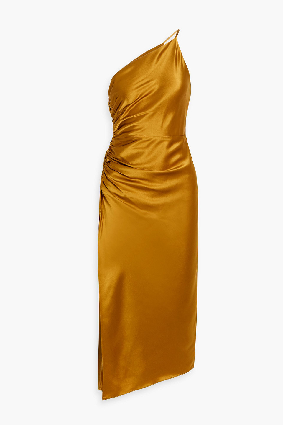 Michelle Mason One-shoulder Ruched Silk-satin Midi Dress In Yellow