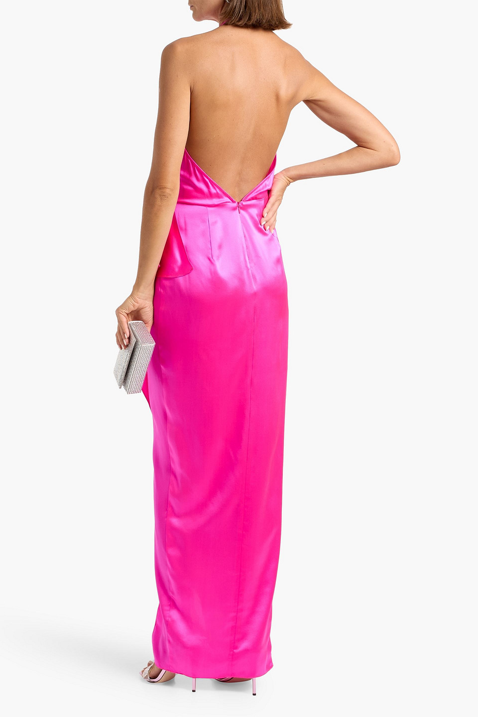 Michelle Mason Wrap-effect Silk-satin Halterneck Gown In Pink
