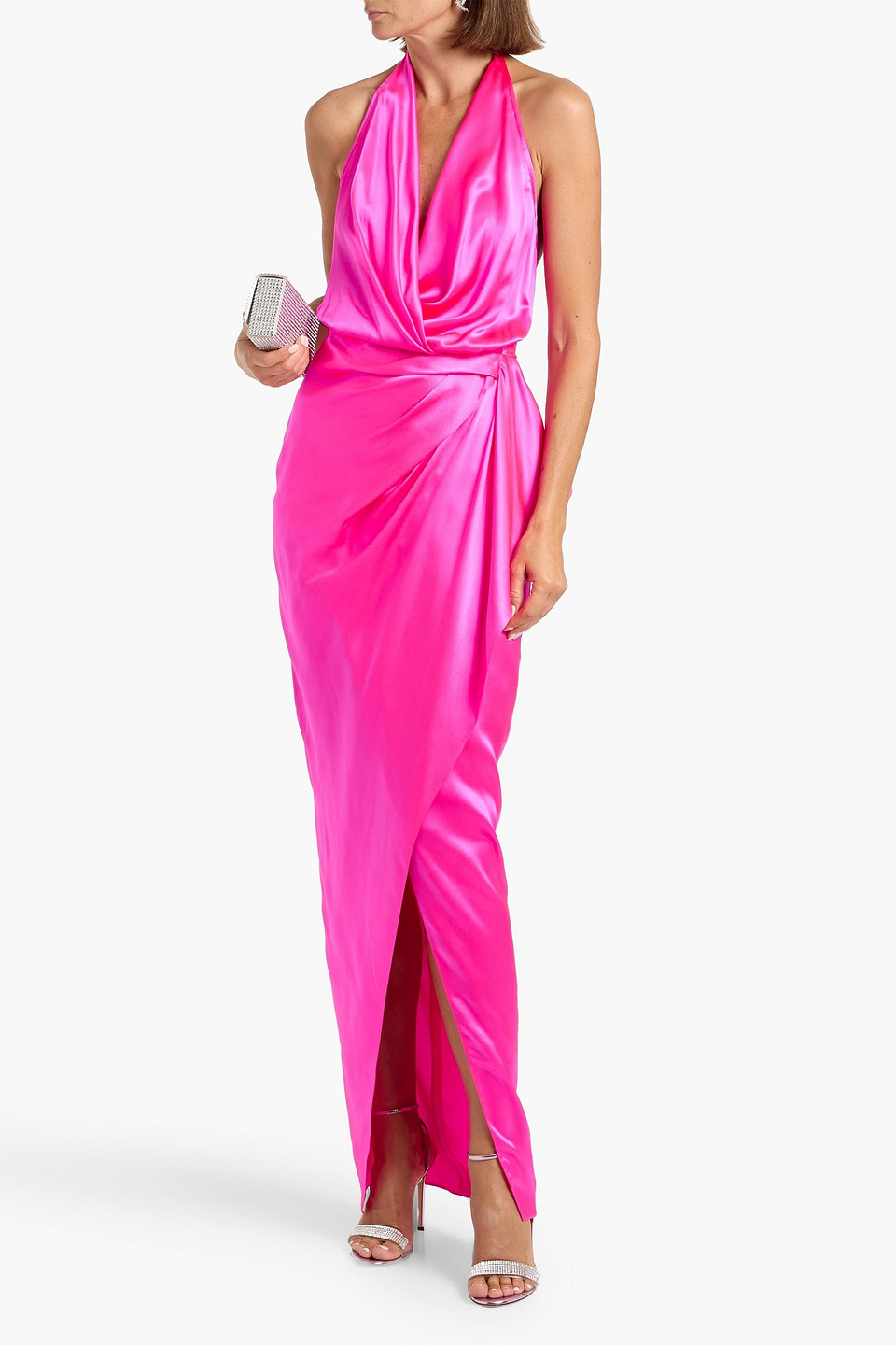 Michelle Mason Wrap-effect Silk-satin Halterneck Gown In Pink