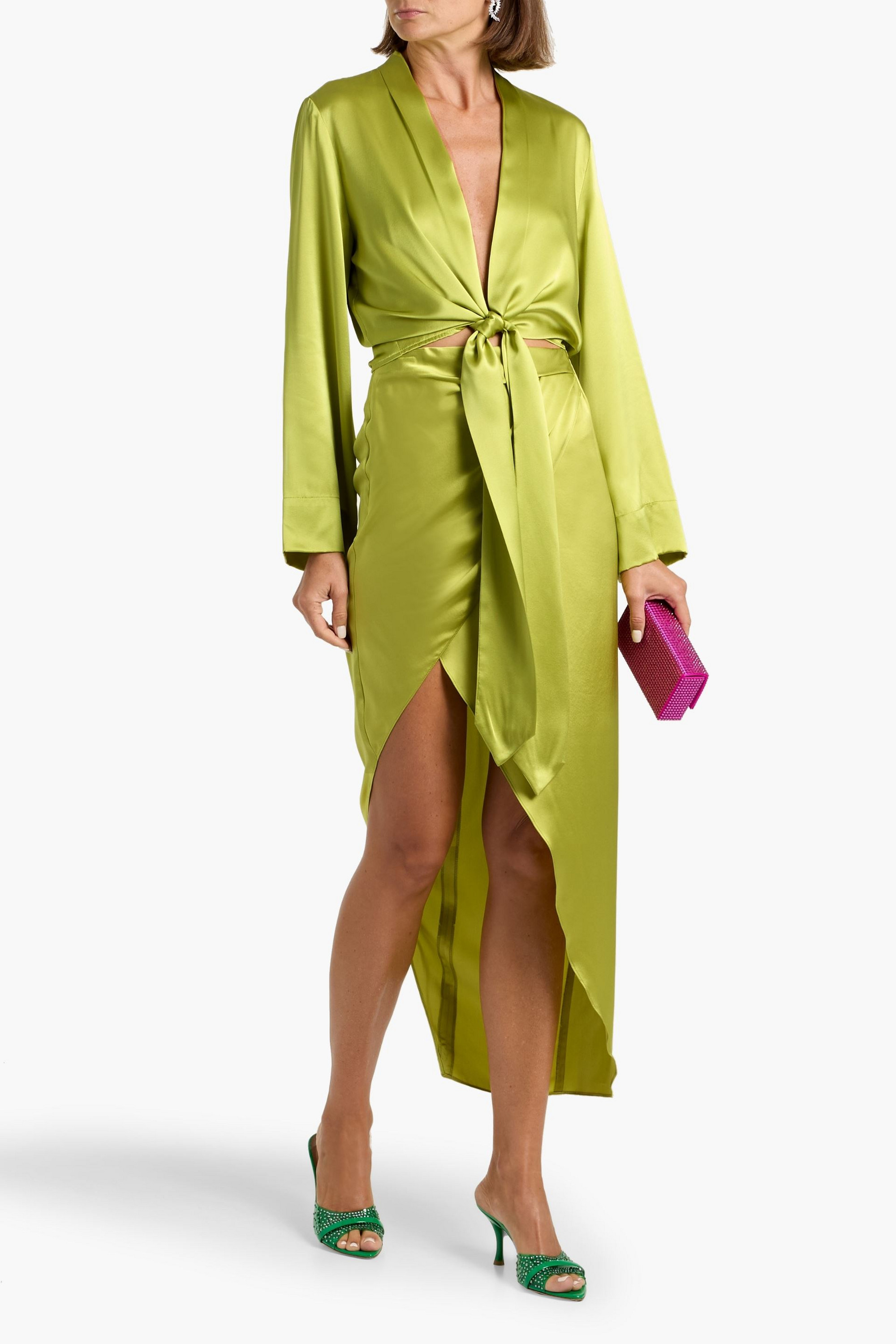 MICHELLE MASON Cropped tie-front silk-satin blouse