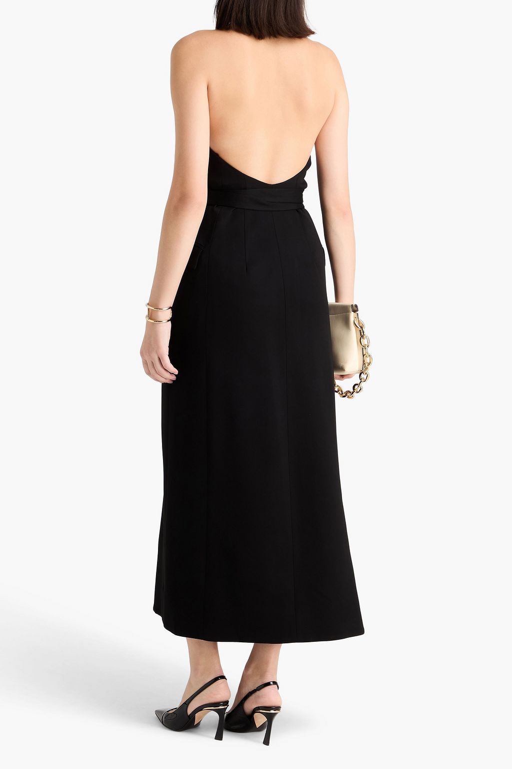 ESSE STUDIOS فستان متوسط الطول Atlas بياقة هالتر الدائرية مكشوف الظهر من الكريب