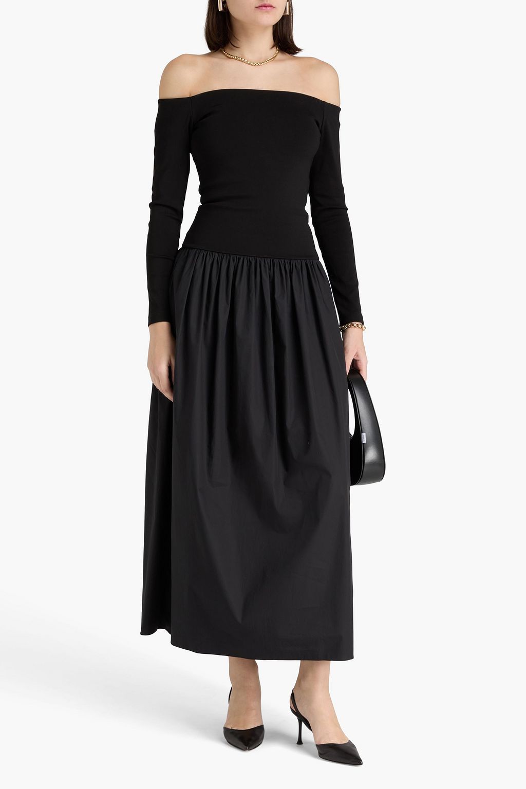 ESSE STUDIOS Off-the-shoulder stretch-knit and cotton-poplin maxi dress