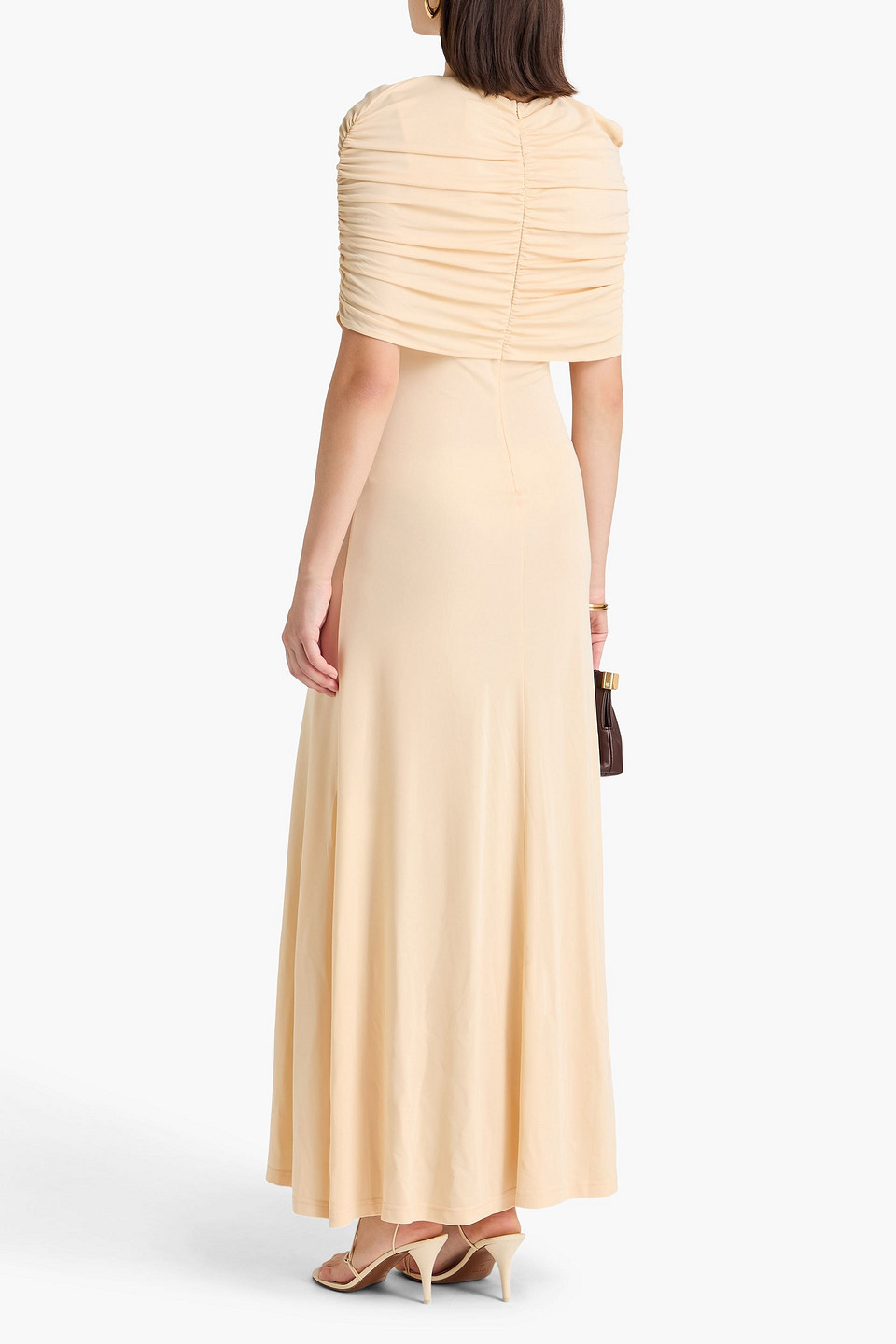 Bonachi Cape-effect Ruched Jersey Maxi Dress In Brown