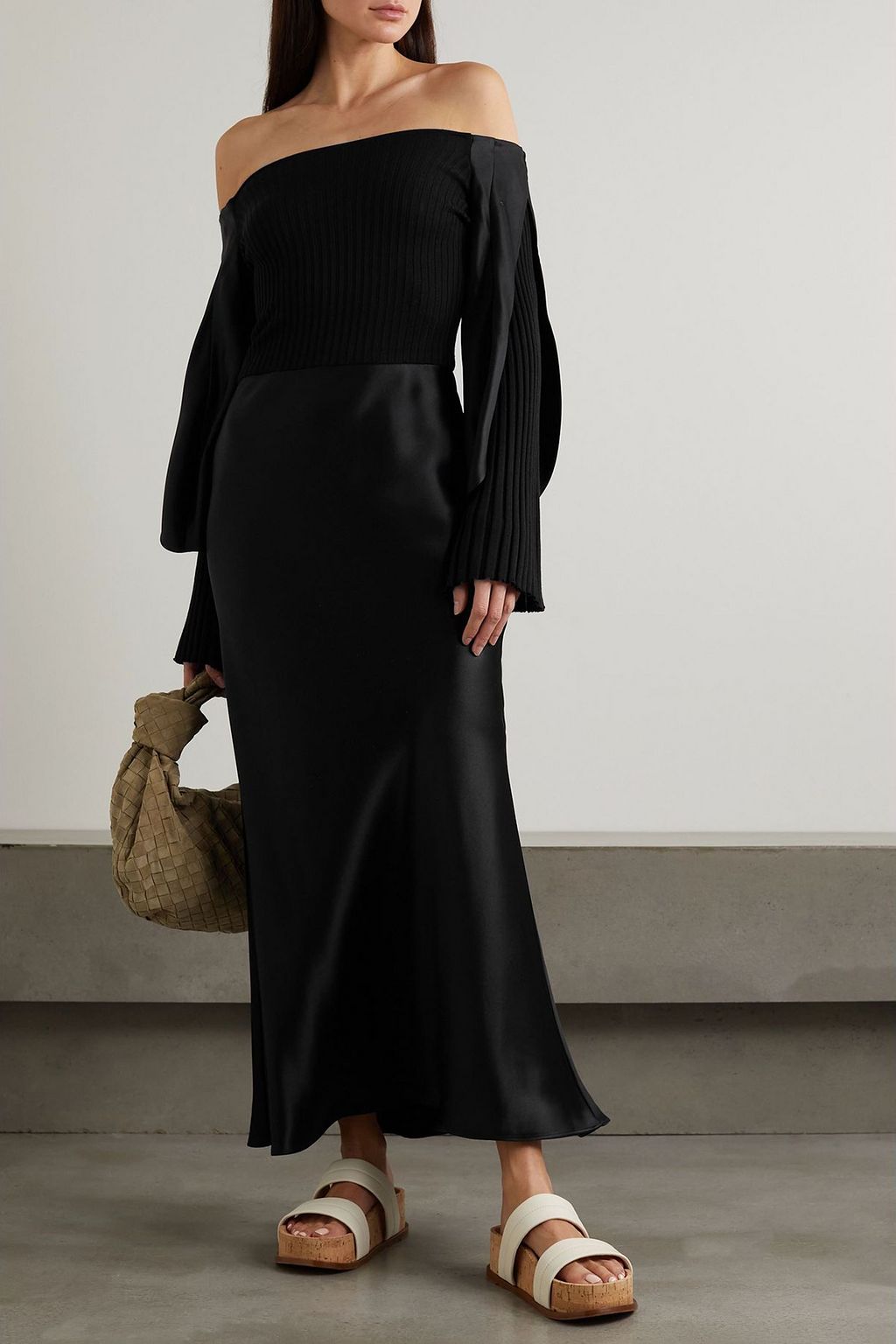 GABRIELA HEARST Gilman off-the-shoulder ribbed cashmere and silk-twill midi dress