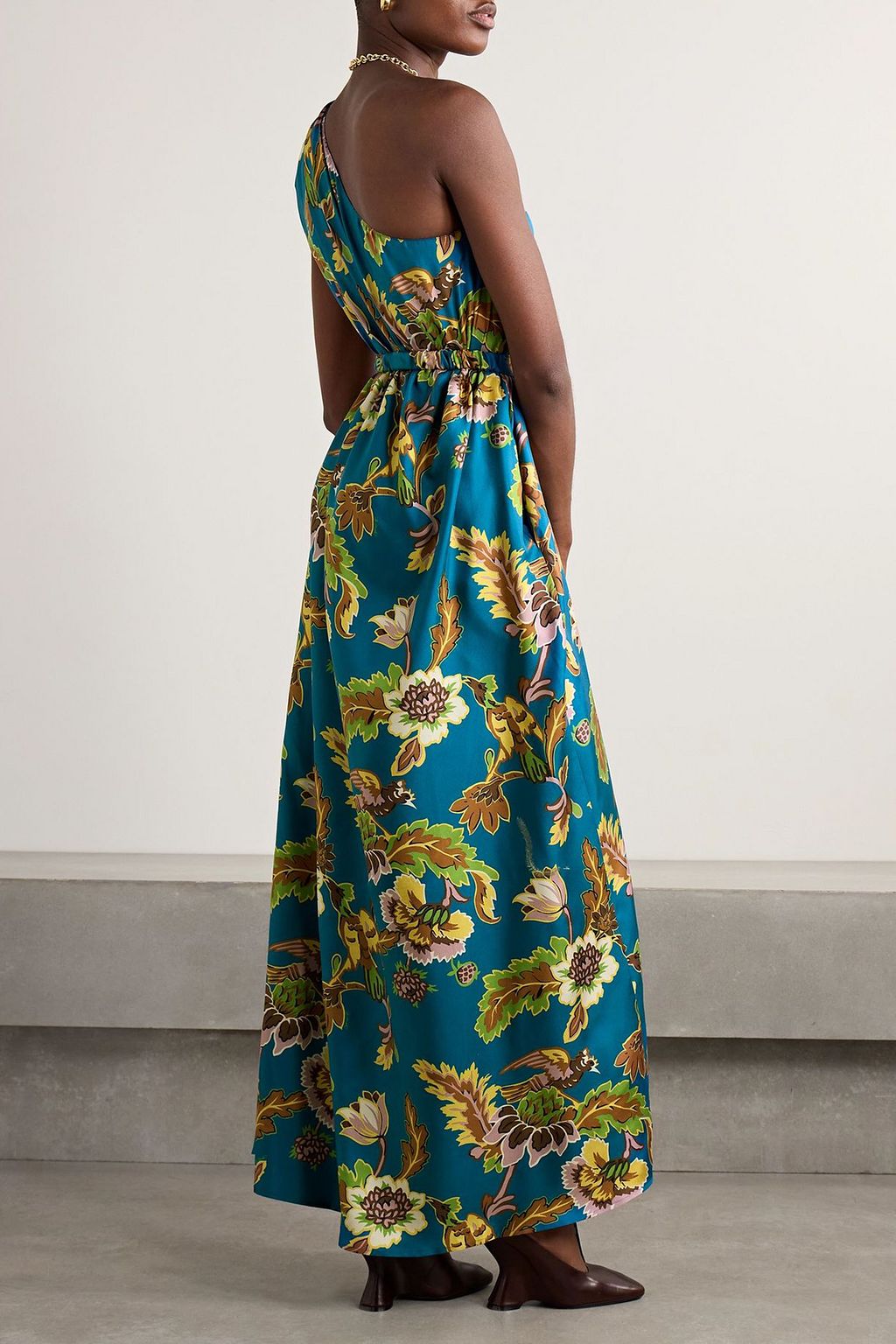 LA DOUBLEJ 원 숄더 프린트 실크 트윌 맥시 드레스