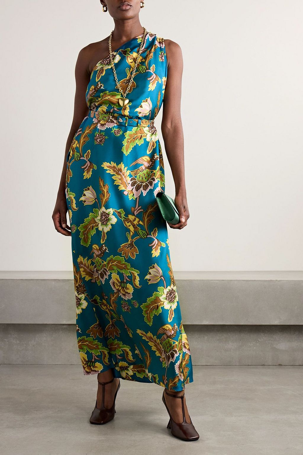 LA DOUBLEJ 원 숄더 프린트 실크 트윌 맥시 드레스