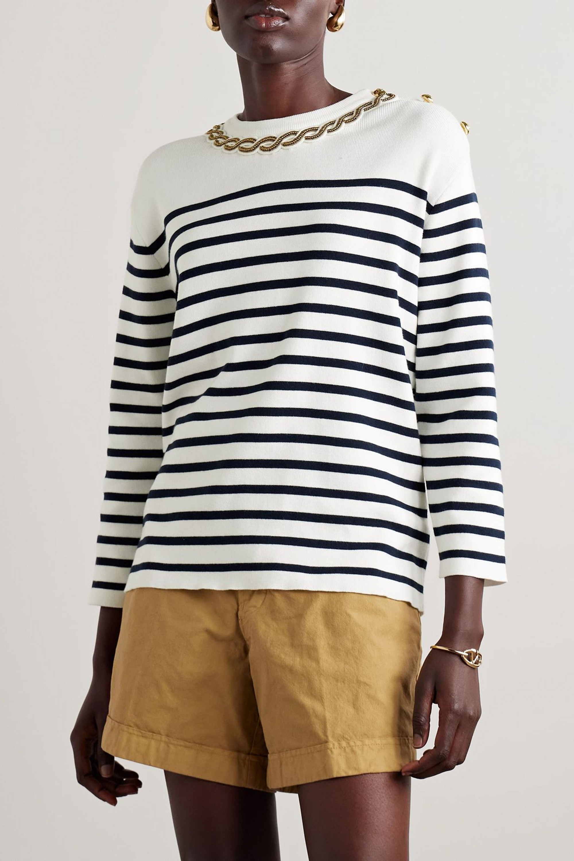 Valentino Garavani Embellished striped ribbed cotton sweater