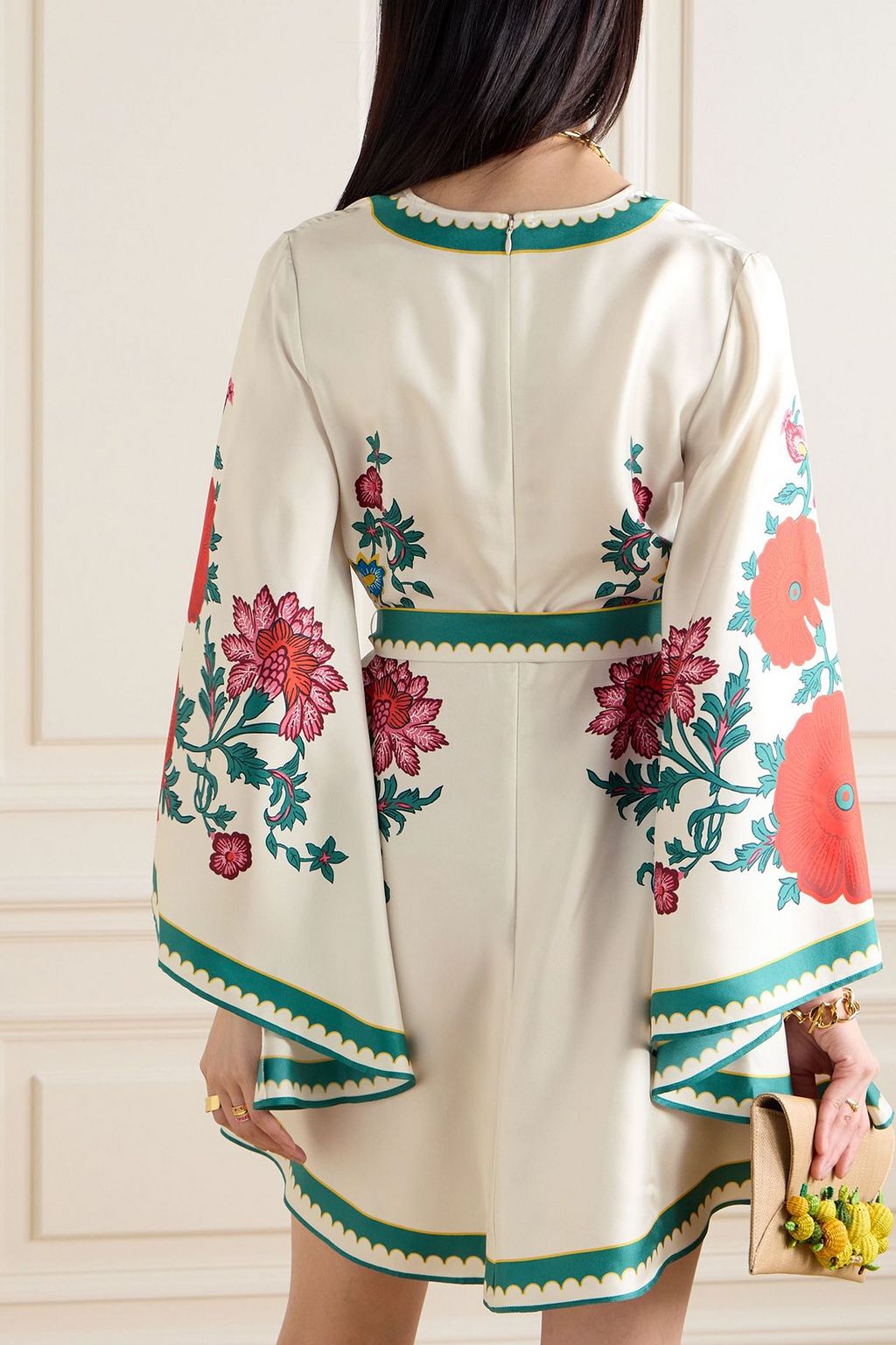 LA DOUBLEJ فستان + أورليبار براون ماجنيفيكو قصير من حرير تويل بحزام وبطبعة الأزهار