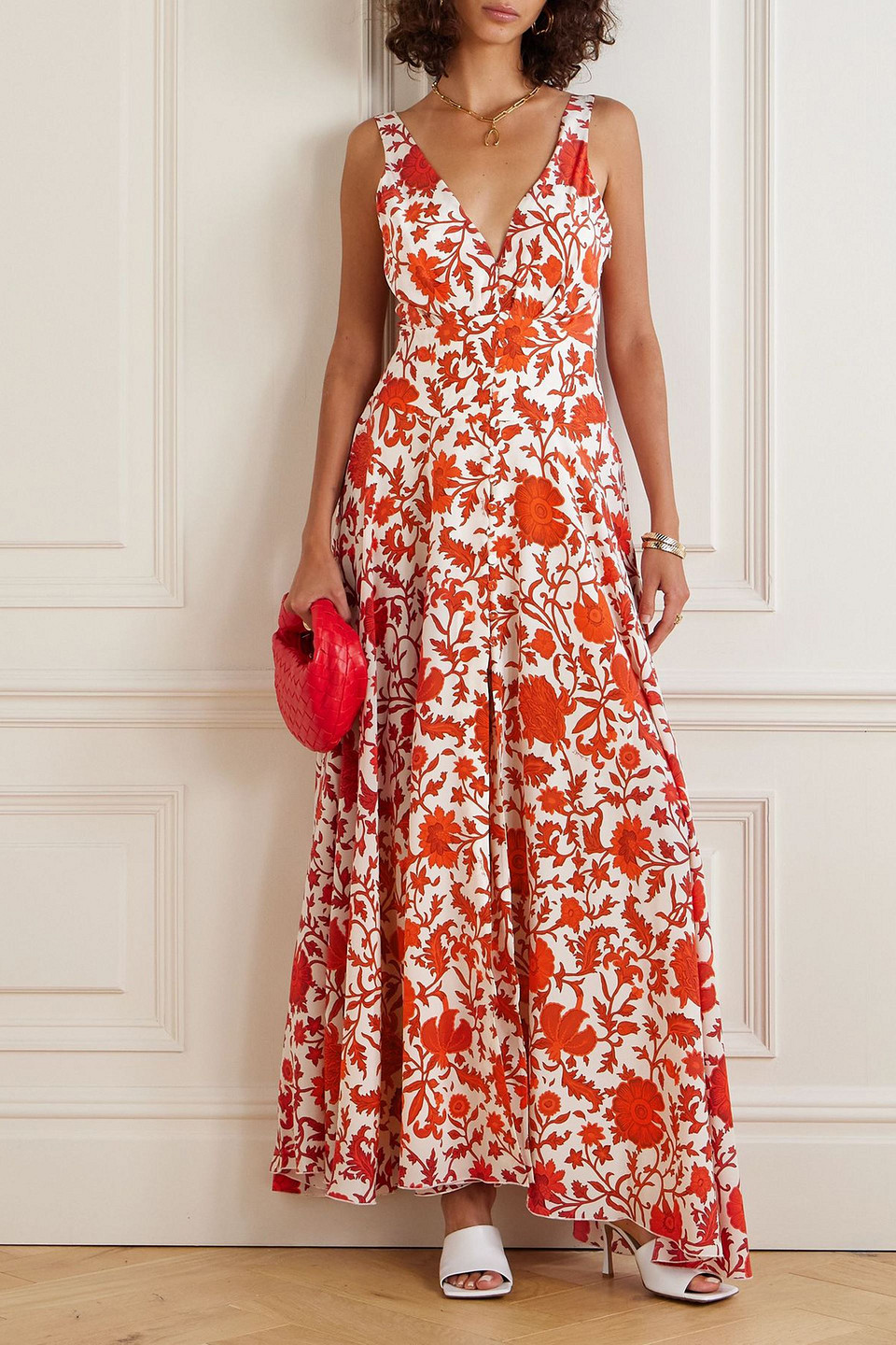 La Doublej Orlebar Brown Eyes Up Here Pleated Floral-print Silk Maxi Dress In Red