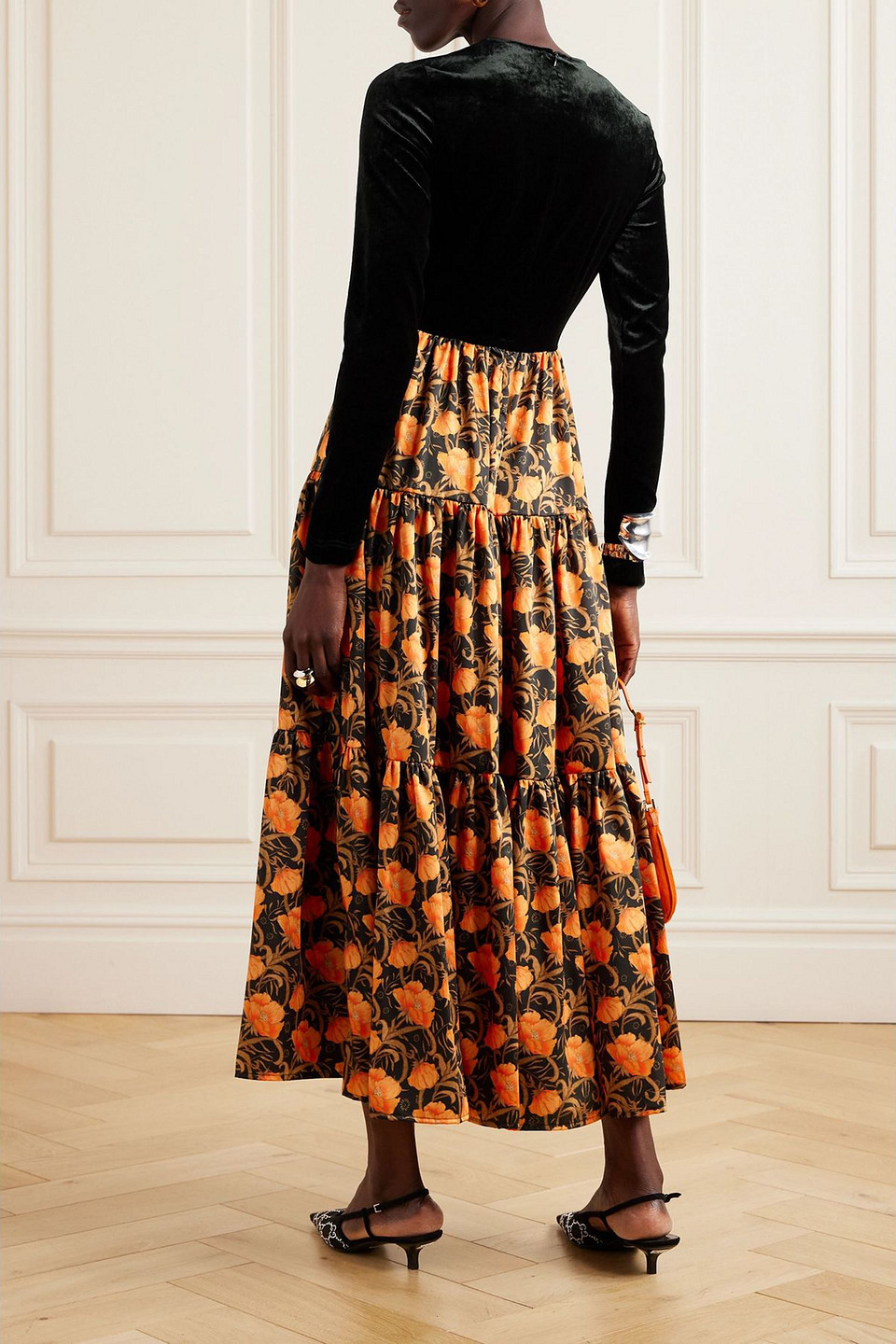 La Doublej Big Velvet And Floral-print Twill Maxi Dress In Black