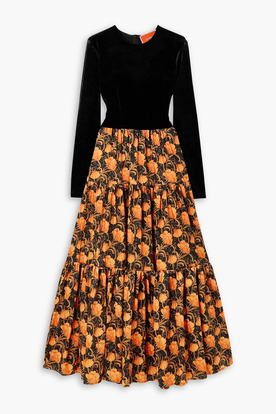 La Doublej Big Velvet And Floral-print Twill Maxi Dress In Black