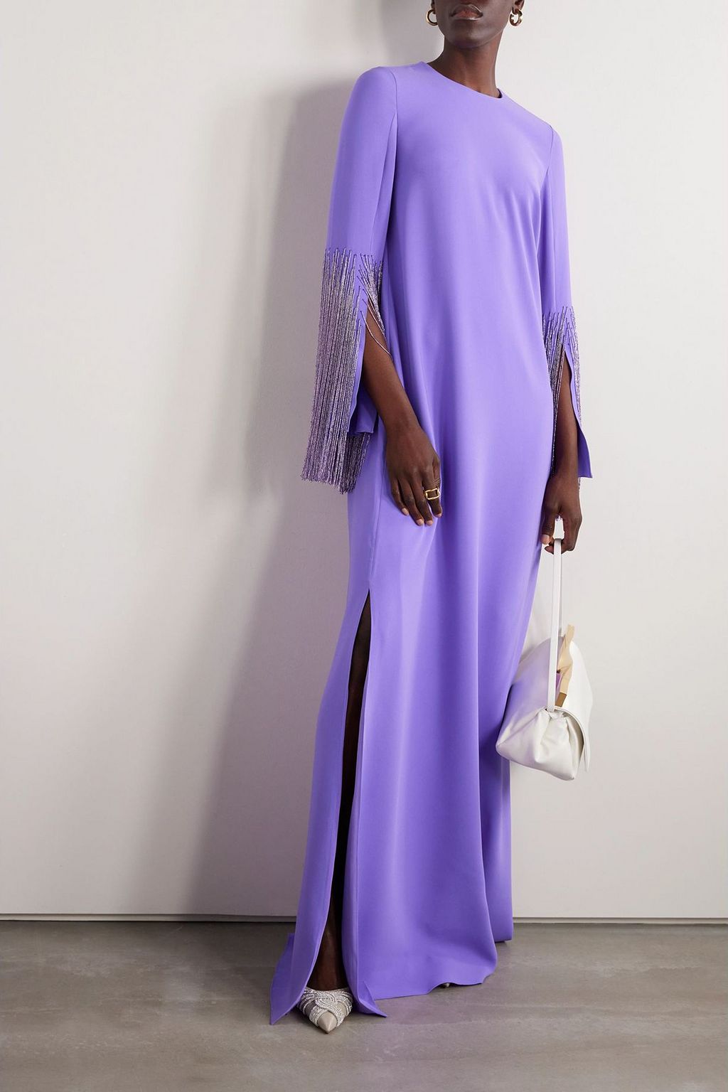OSCAR DE LA RENTA Fringed bead-embellished silk-blend crepe gown