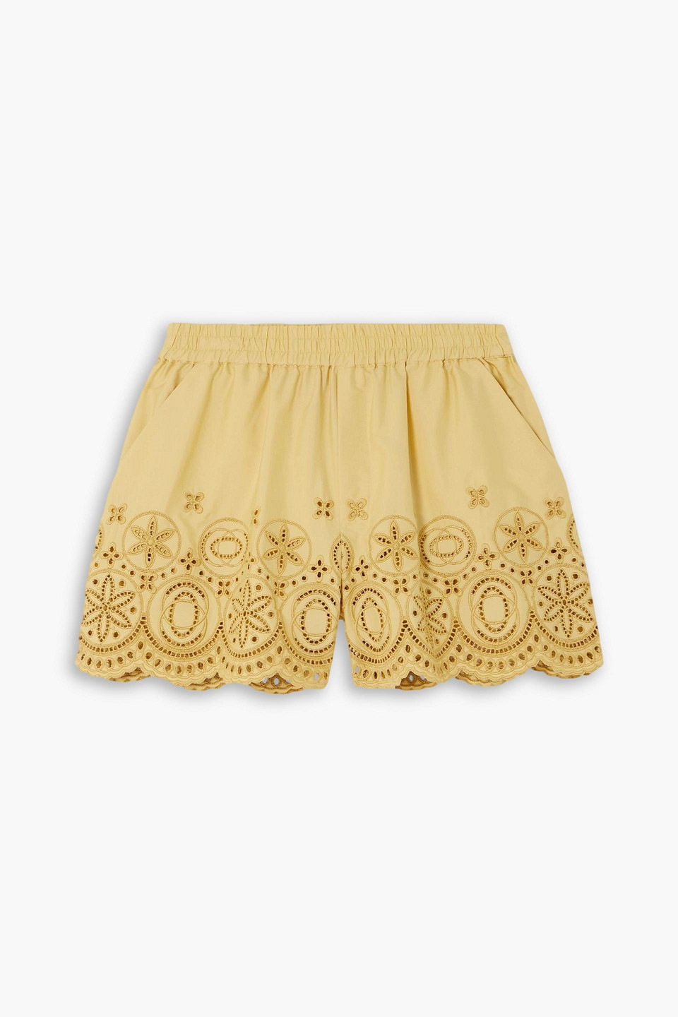 La Doublej Scalloped Broderie Anglaise-trimmed Cotton-poplin Shorts In Yellow