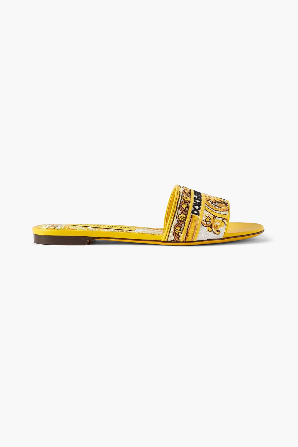 dolce & gabbana - maiolica bianca leather-trimmed embroidered canvas slides - yellow - eu 35