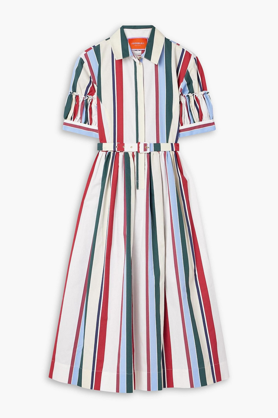 La Doublej Libertine Belted Gathered Striped Cotton-blend Poplin Midi Shirt Dress In Multi