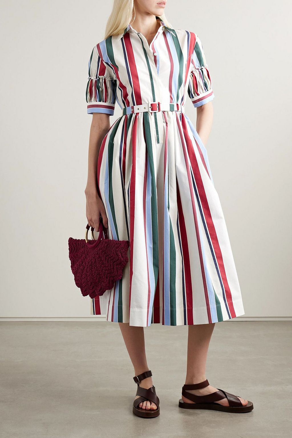 LA DOUBLEJ Libertine belted gathered striped cotton-blend poplin midi shirt dress