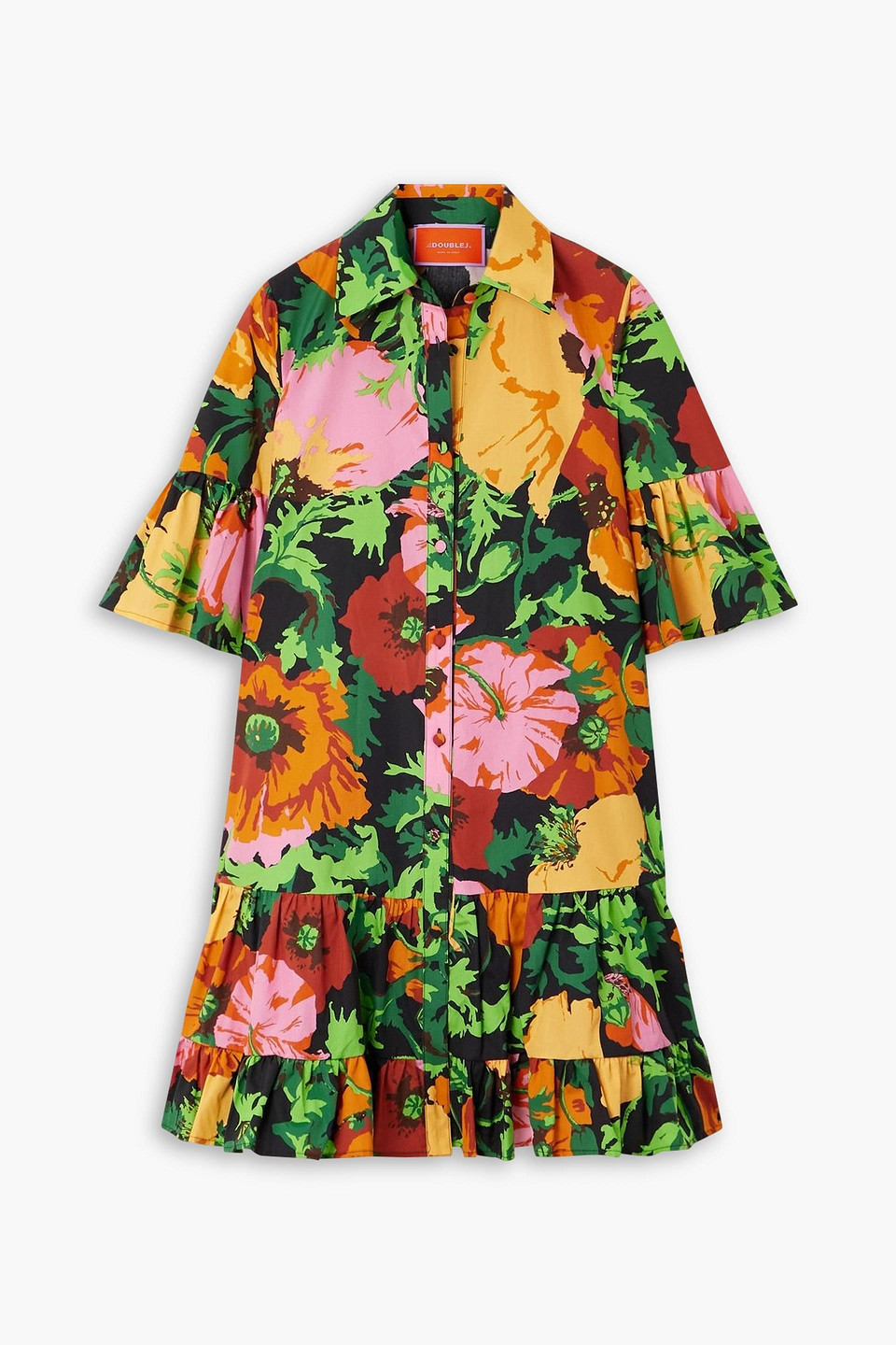 La Doublej Choux Floral-print Cotton-poplin Mini Shirt Dress In Green