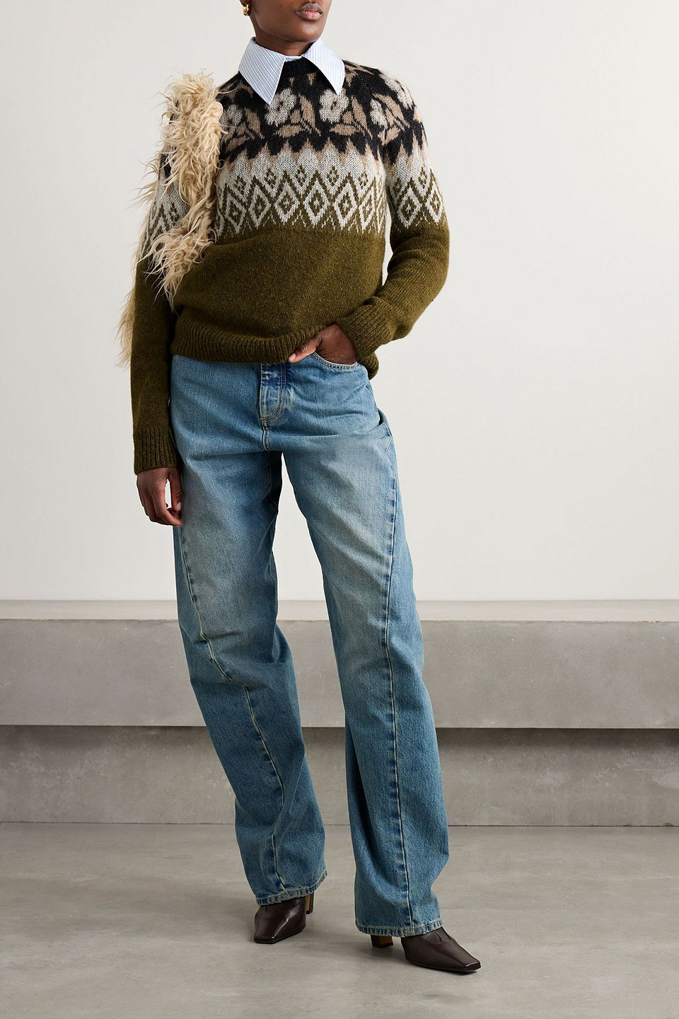 La Doublej Slope Brushed Jacquard-knit Sweater In Green