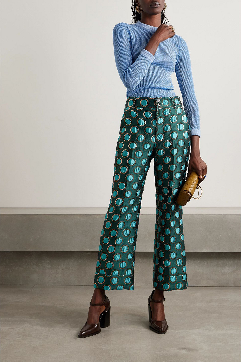 La Doublej Hendrix Metallic Jacquard Flared Pants In Green