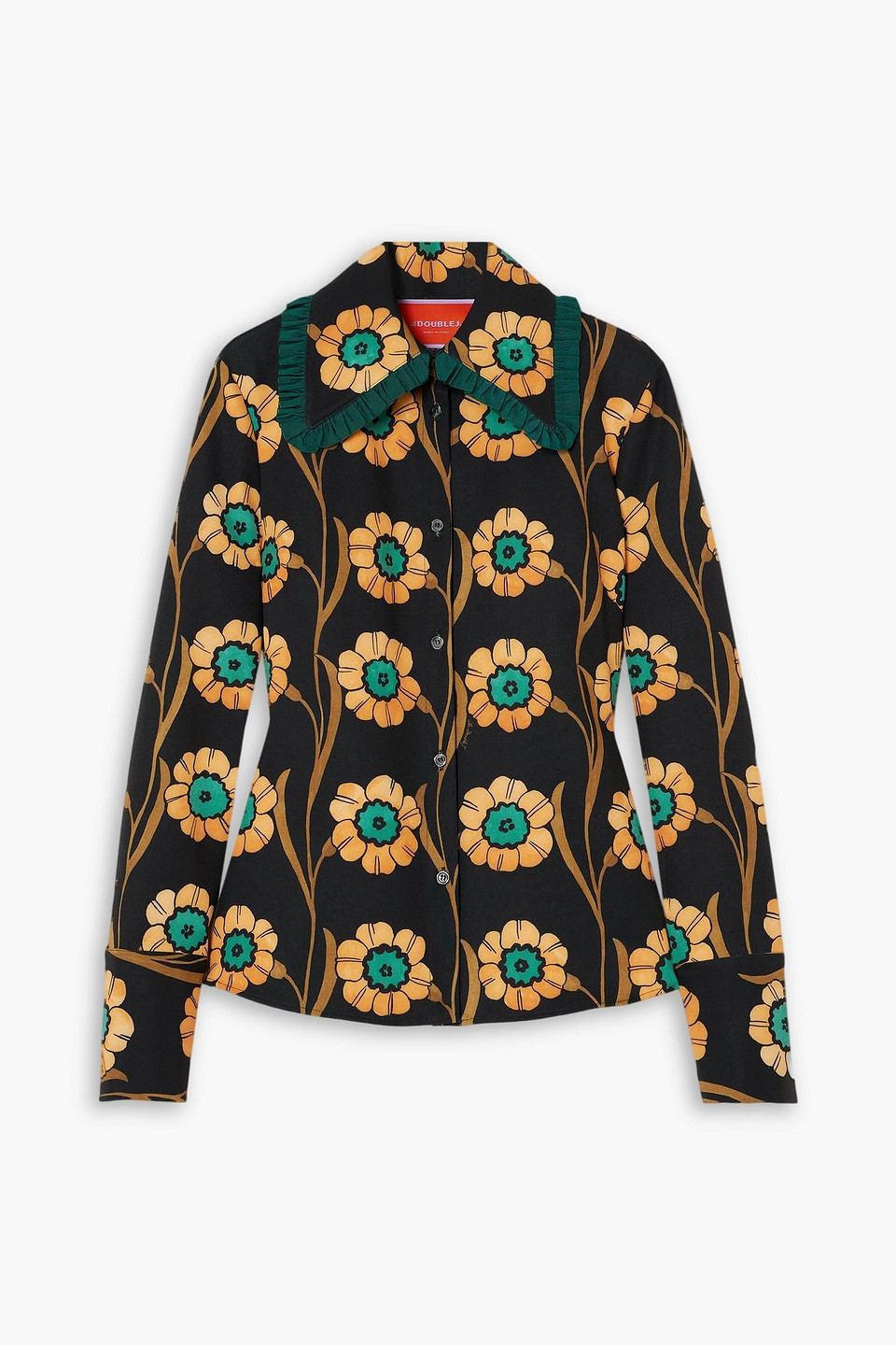 La Doublej La Comasca Floral-print Ruffle-trimmed Crepe Shirt In Black