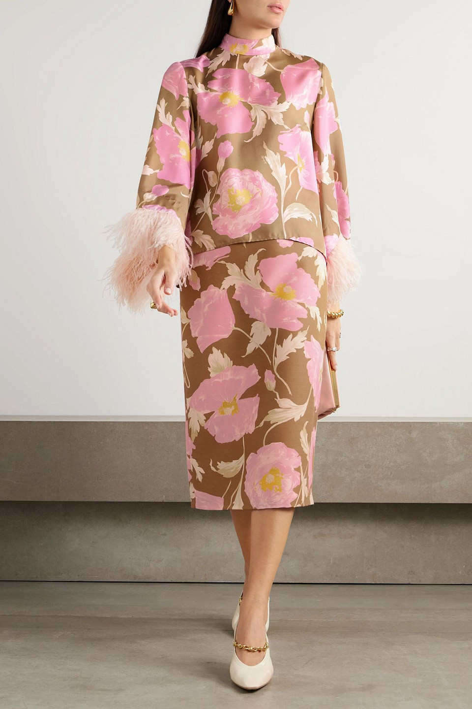 La Doublej Printed Wool-blend Cady Midi Skirt In Pink