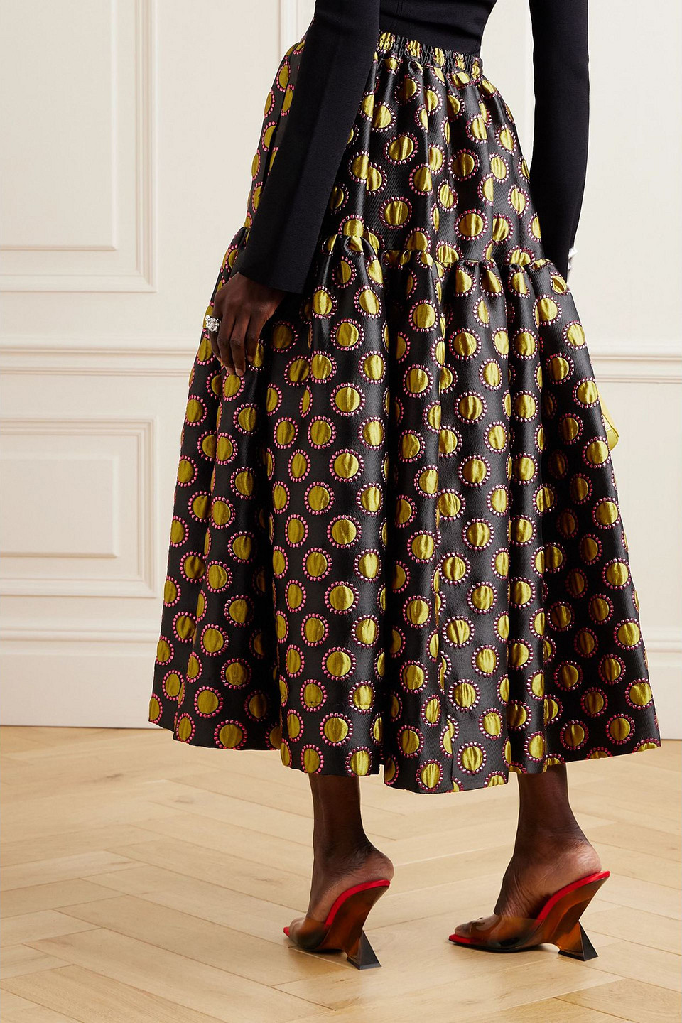 La Doublej Oscar Tiered Metallic Jacquard Skirt In Black