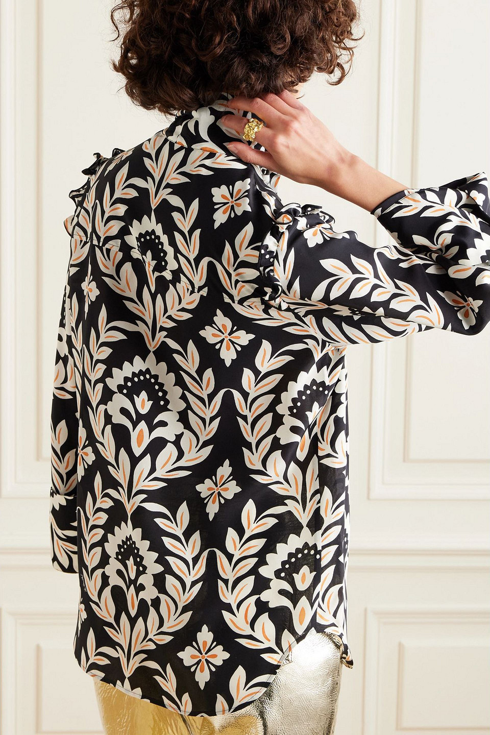 La Doublej Ascot Pussy-bow Printed Silk Crepe De Chine Shirt In Black