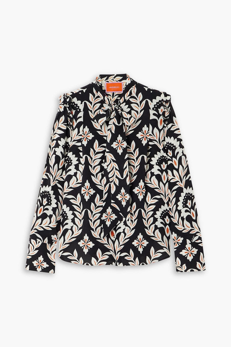 La Doublej Ascot Pussy-bow Printed Silk Crepe De Chine Shirt In Black