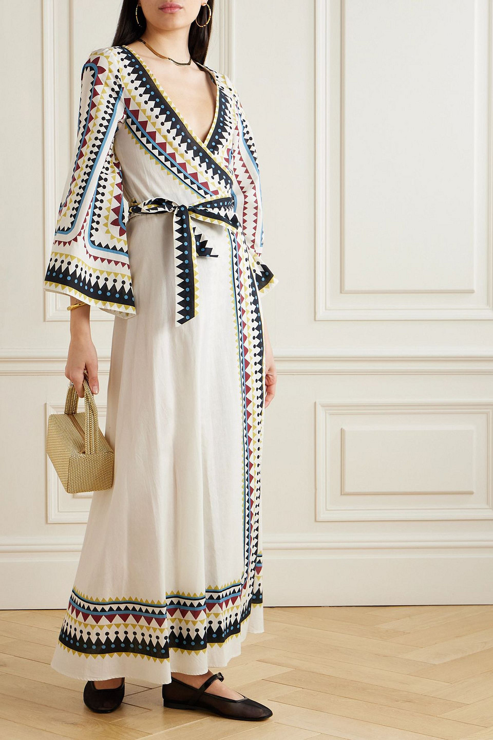 La Doublej Printed Cotton Maxi Wrap Dress In White