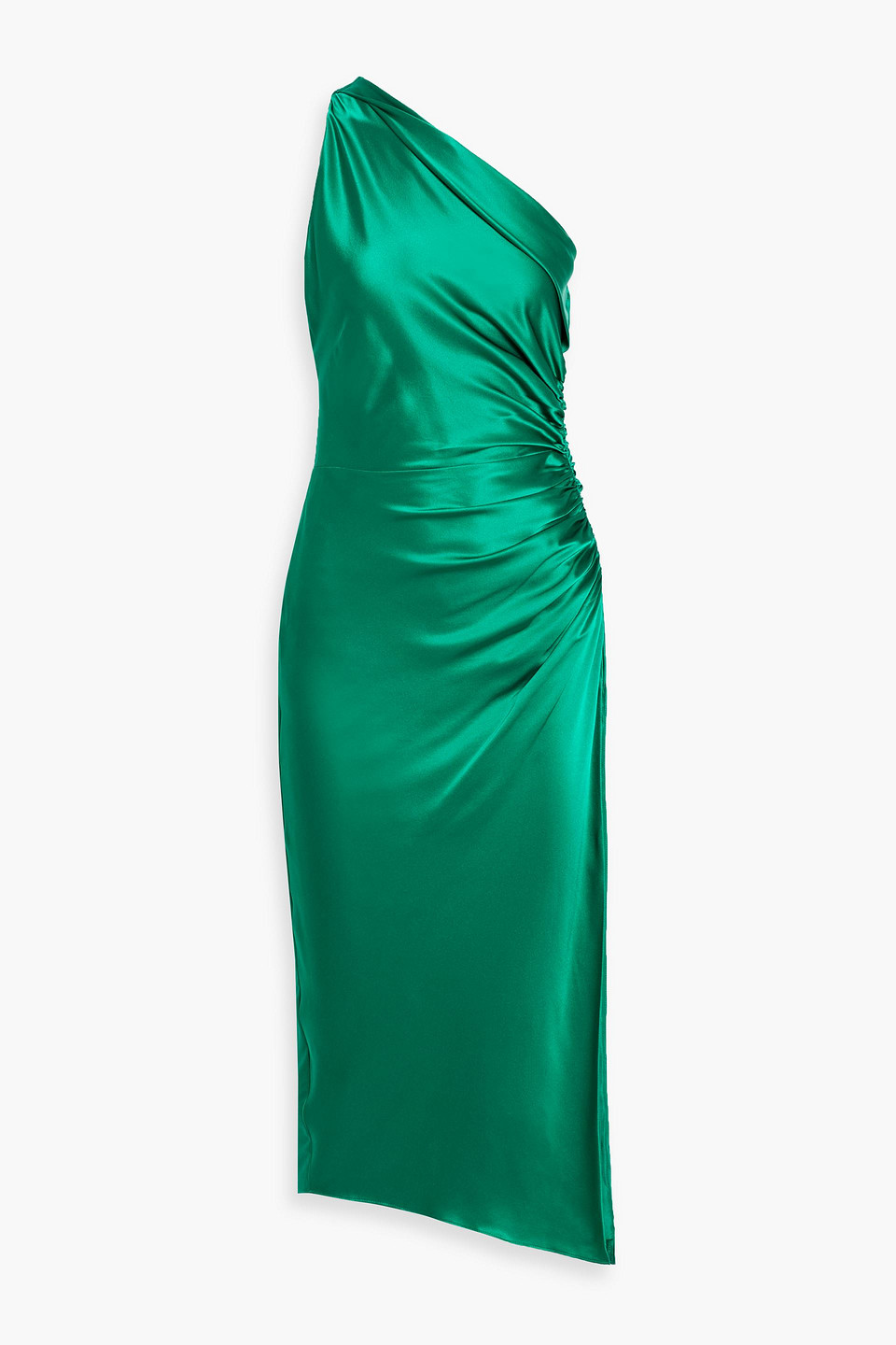 Michelle Mason One-shoulder Ruched Silk-satin Midi Dress In Green