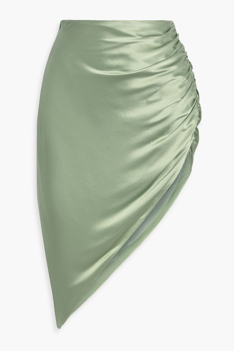 Michelle Mason Asymmetric Ruched Silk-satin Mini Skirt In Green