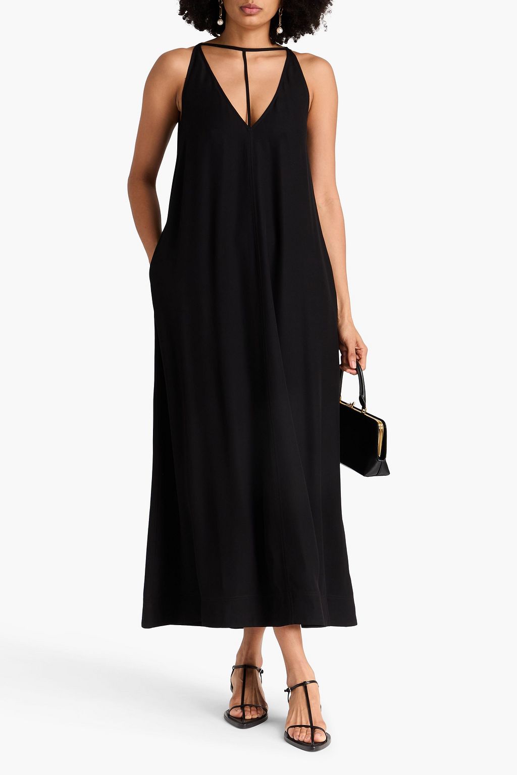 knee length dresses for ladies Crystal Embellished Crepe Maxi Dress with An Opened Back 46 (FR) / Black main image 0
