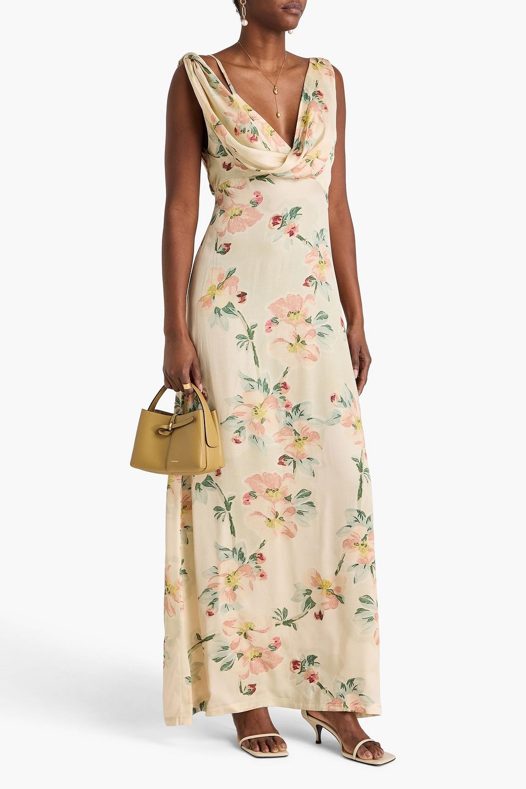 knee length dresses for ladies Leyla Floral Satin Maxi Dress • Shop American Threads Online Boutique Brown Floral / Xs main image 1