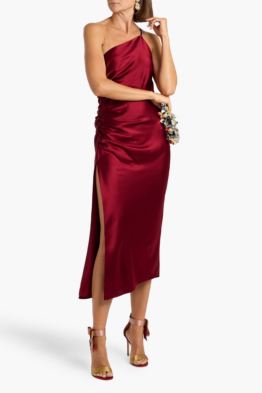 MICHELLE MASON One-shoulder ruched silk-satin midi dress