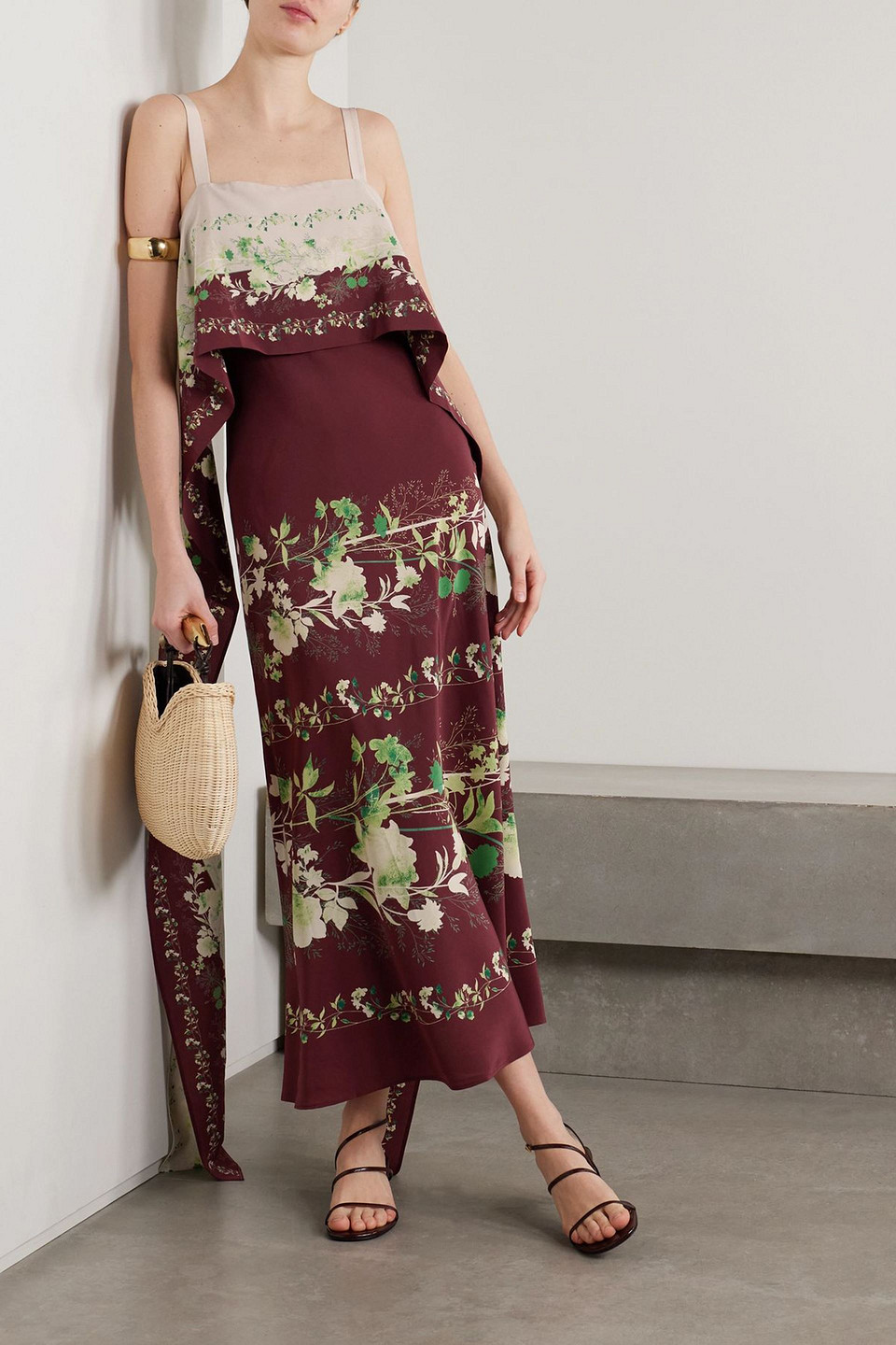 La Doublej Draped Floral-print Silk Crepe De Chine Midi Dress In Burgundy
