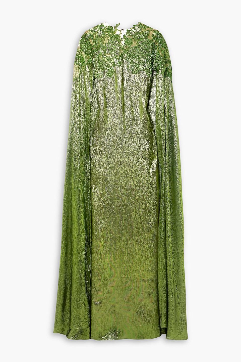 Oscar De La Renta Cape-effect Embellished Silk-blend Lamé Gown In Green
