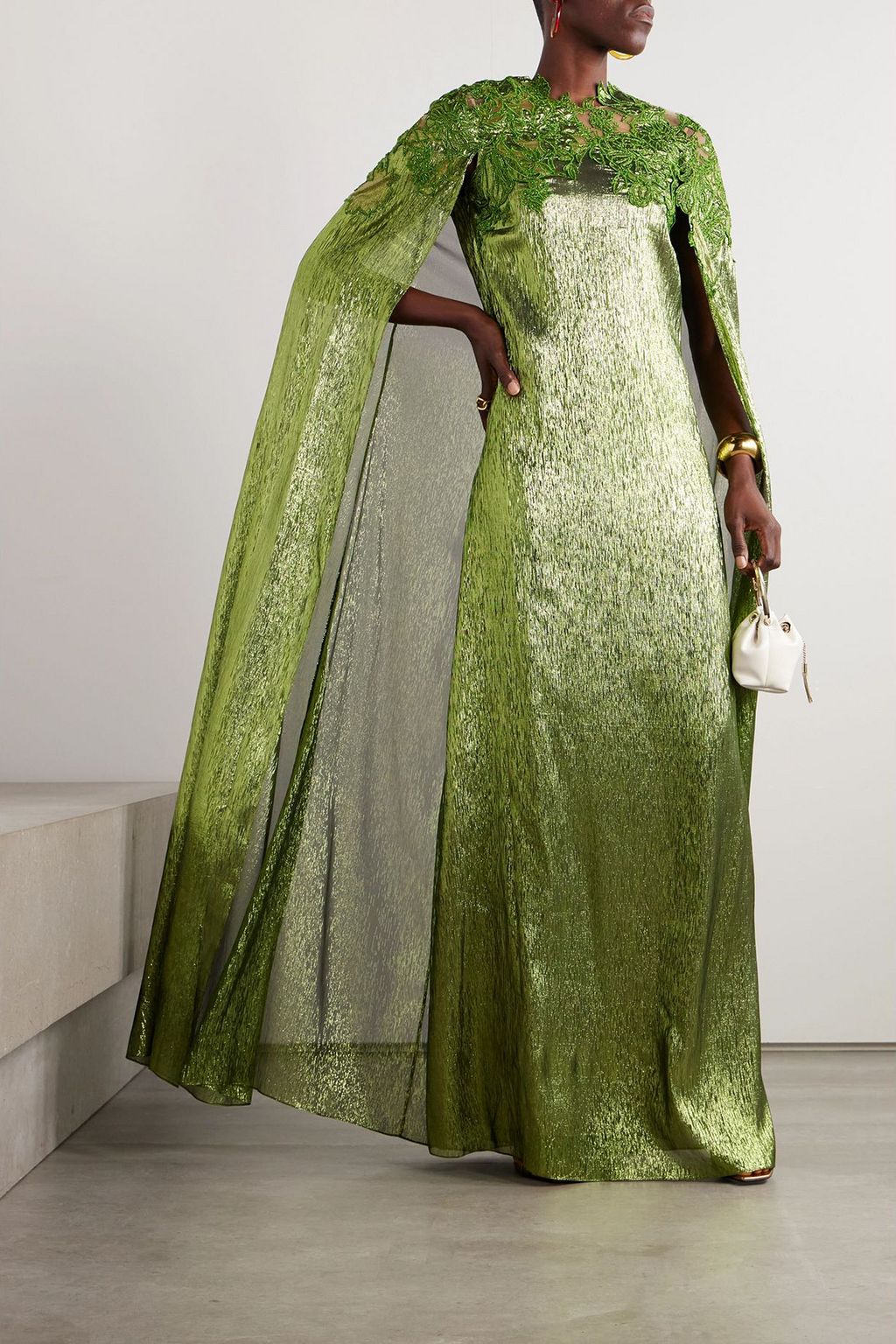 OSCAR DE LA RENTA Cape-effect embellished silk-blend lamé gown