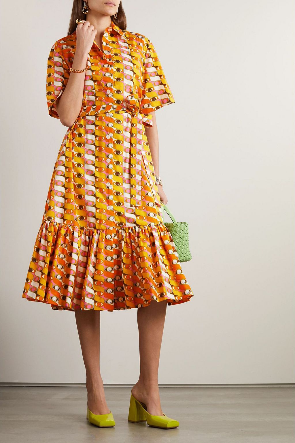 LA DOUBLEJ Brunch belted printed cotton-poplin midi shirt dress