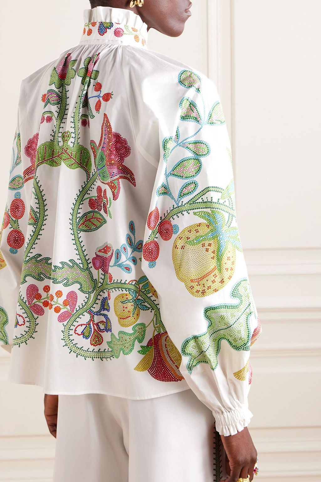 LA DOUBLEJ Cerere pussy-bow ruffled floral-print cotton poplin blouse