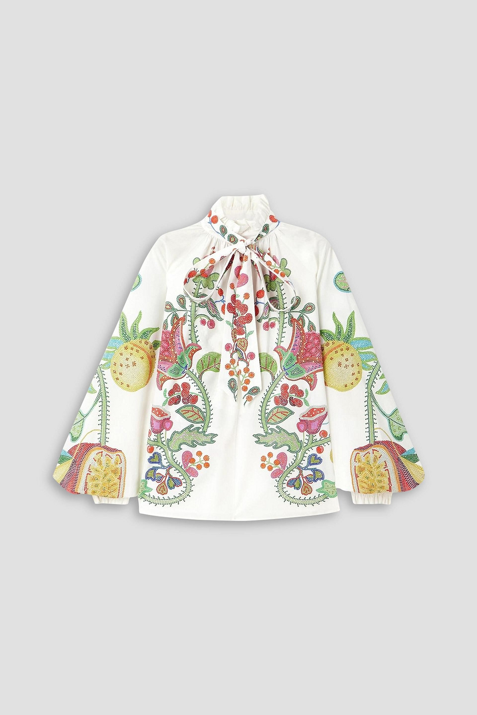 La Doublej Cerere Pussy-bow Ruffled Floral-print Cotton Poplin Blouse In White
