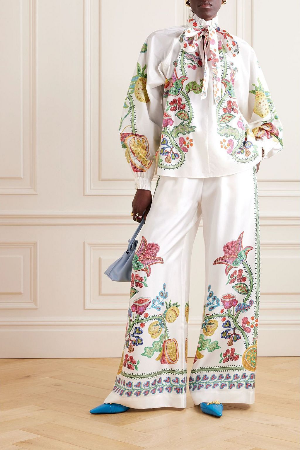 LA DOUBLEJ Cerere pussy-bow ruffled floral-print cotton poplin blouse