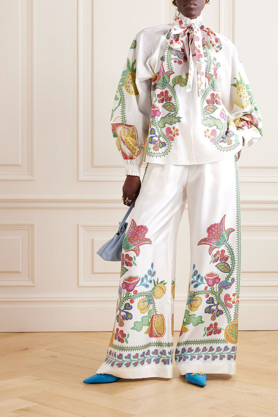 La Doublej Cerere Pussy-bow Ruffled Floral-print Cotton Poplin Blouse In White