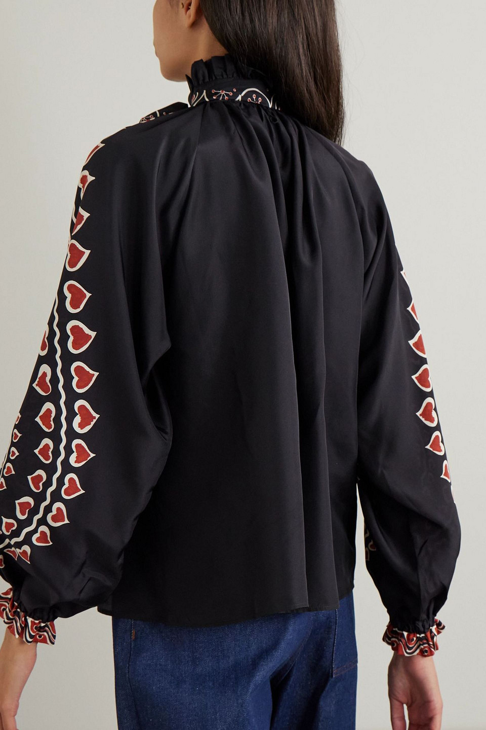 La Doublej Cerere Ruffled Printed Silk Blouse In Black