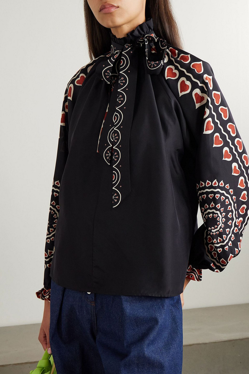 La Doublej Cerere Ruffled Printed Silk Blouse In Black