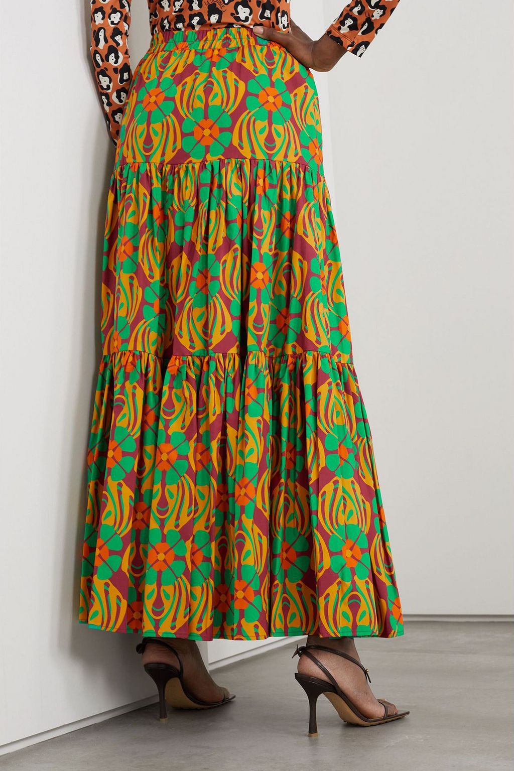 LA DOUBLEJ 프린트 코튼 포플린 티어드 맥시 스커트