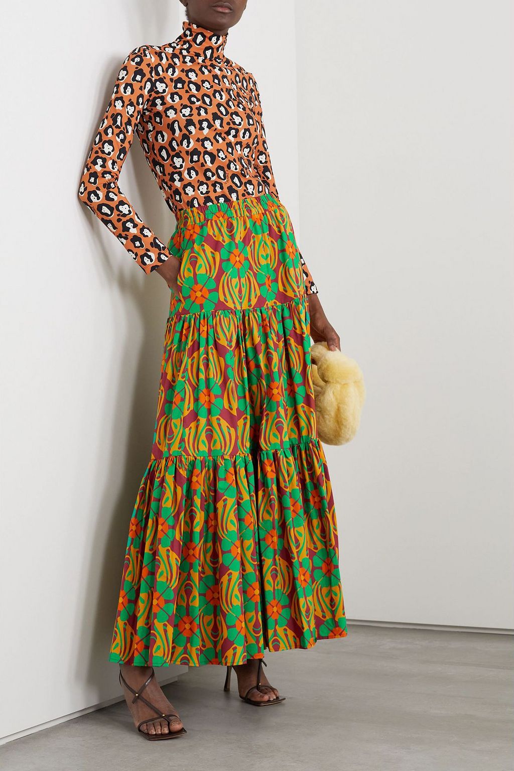 LA DOUBLEJ 프린트 코튼 포플린 티어드 맥시 스커트