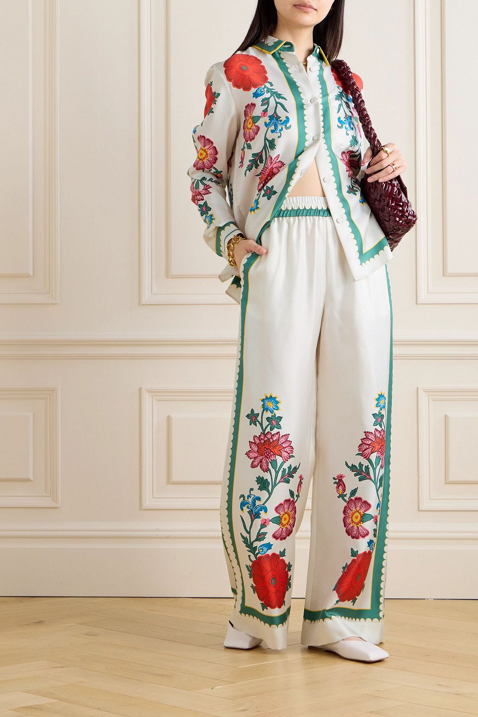 La Doublej Orlebar Brown Floral-print Silk-twill Wide-leg Pants In White