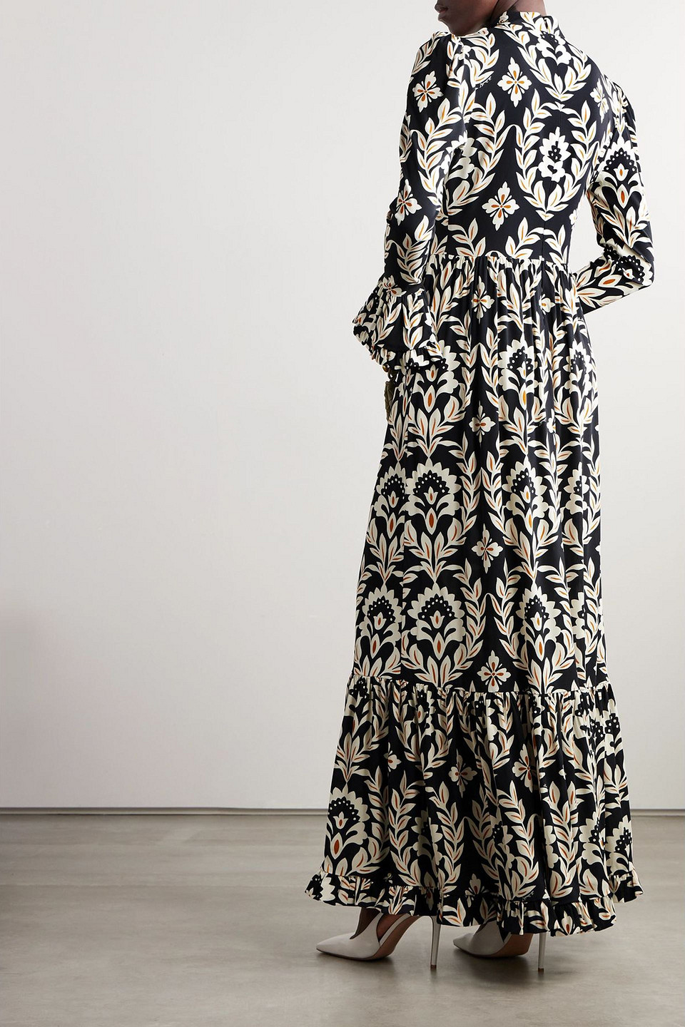 La Doublej Visconti Tiered Printed Crepe Maxi Dress In Black