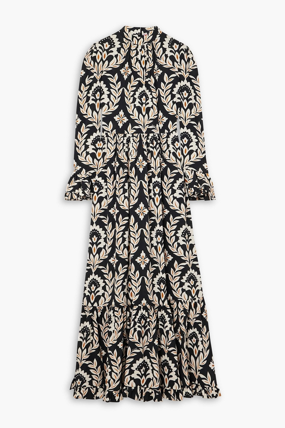 La Doublej Visconti Tiered Printed Crepe Maxi Dress In Black